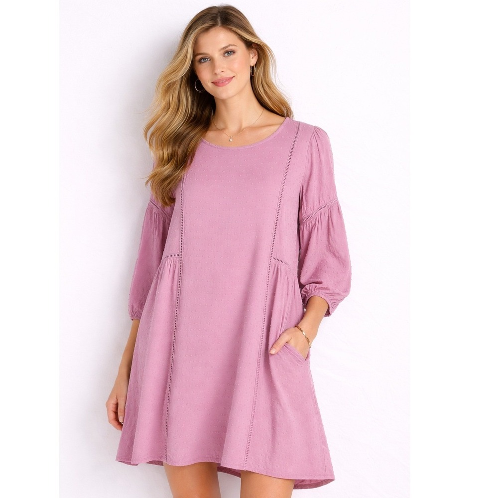 Matilda Jane Swiss Dot Dress Womens L Pink Ladder Lace Trim Long Sleeve Boho - Picture 1 of 3
